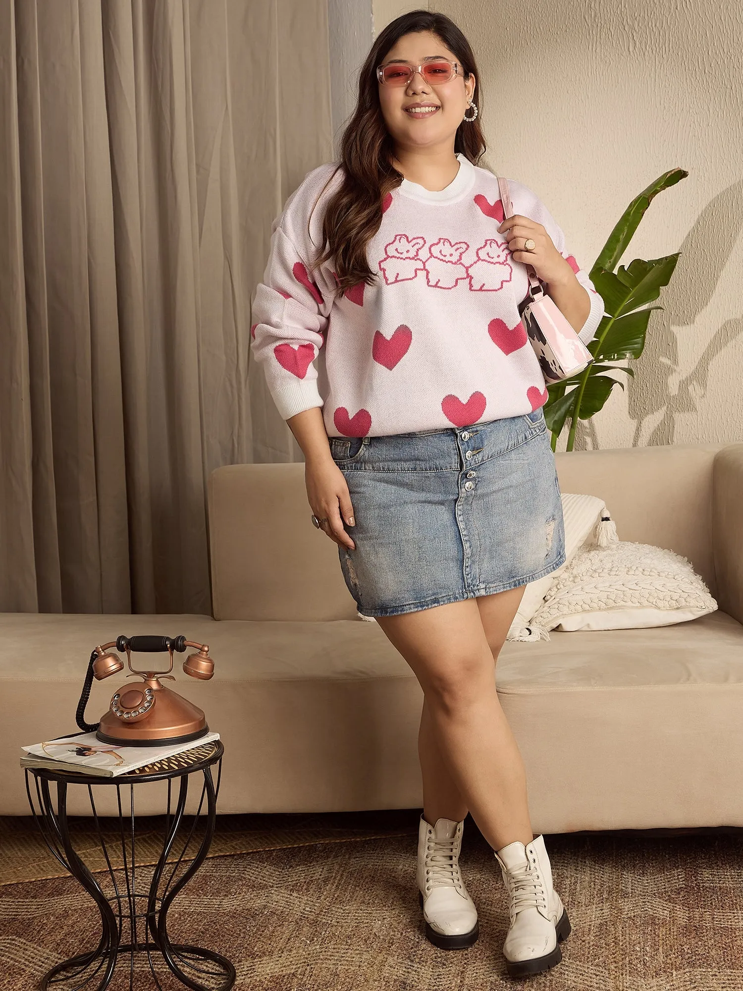 Berrylush Curve Women White & Pink Heart & Rabbit Printed Round Neck Acrylic Ribbed Hem Regular Pullover