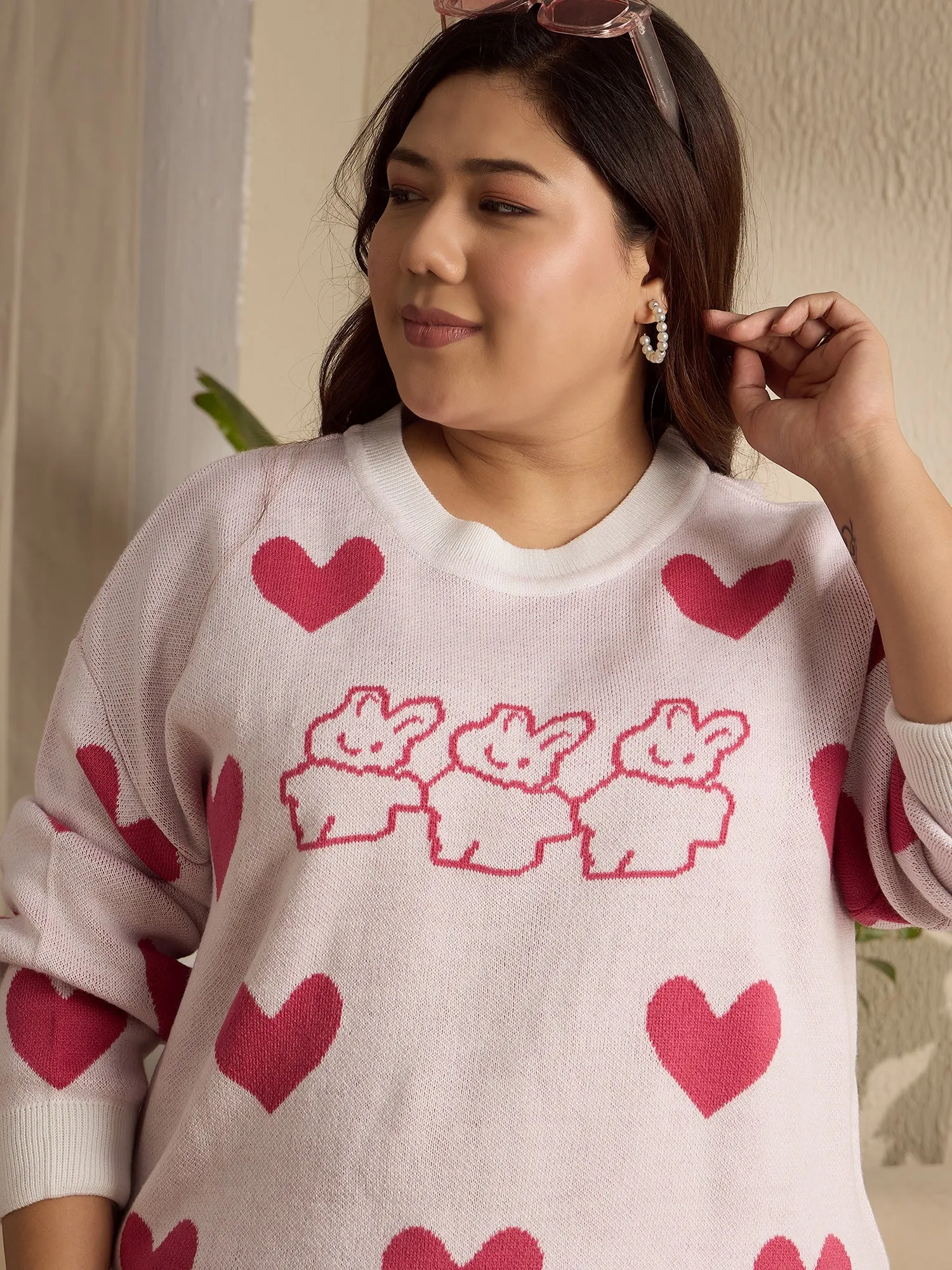 Berrylush Curve Women White & Pink Heart & Rabbit Printed Round Neck Acrylic Ribbed Hem Regular Pullover