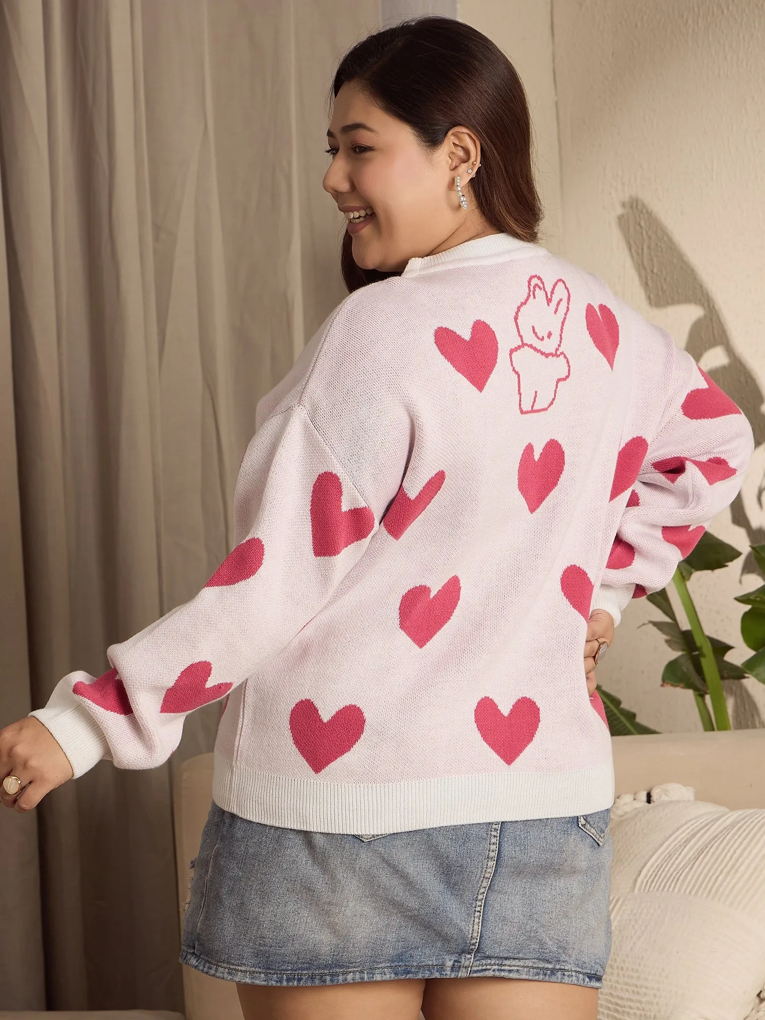 Berrylush Curve Women White & Pink Heart & Rabbit Printed Round Neck Acrylic Ribbed Hem Regular Pullover