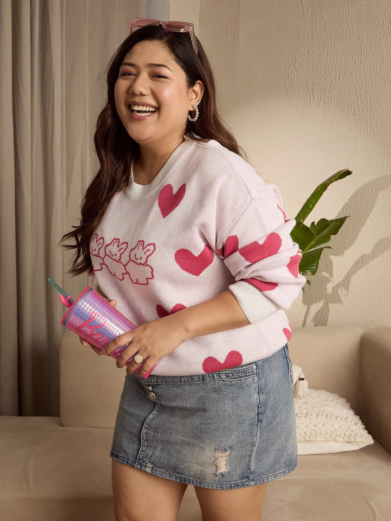 Berrylush Curve Women White & Pink Heart & Rabbit Printed Round Neck Acrylic Ribbed Hem Regular Pullover