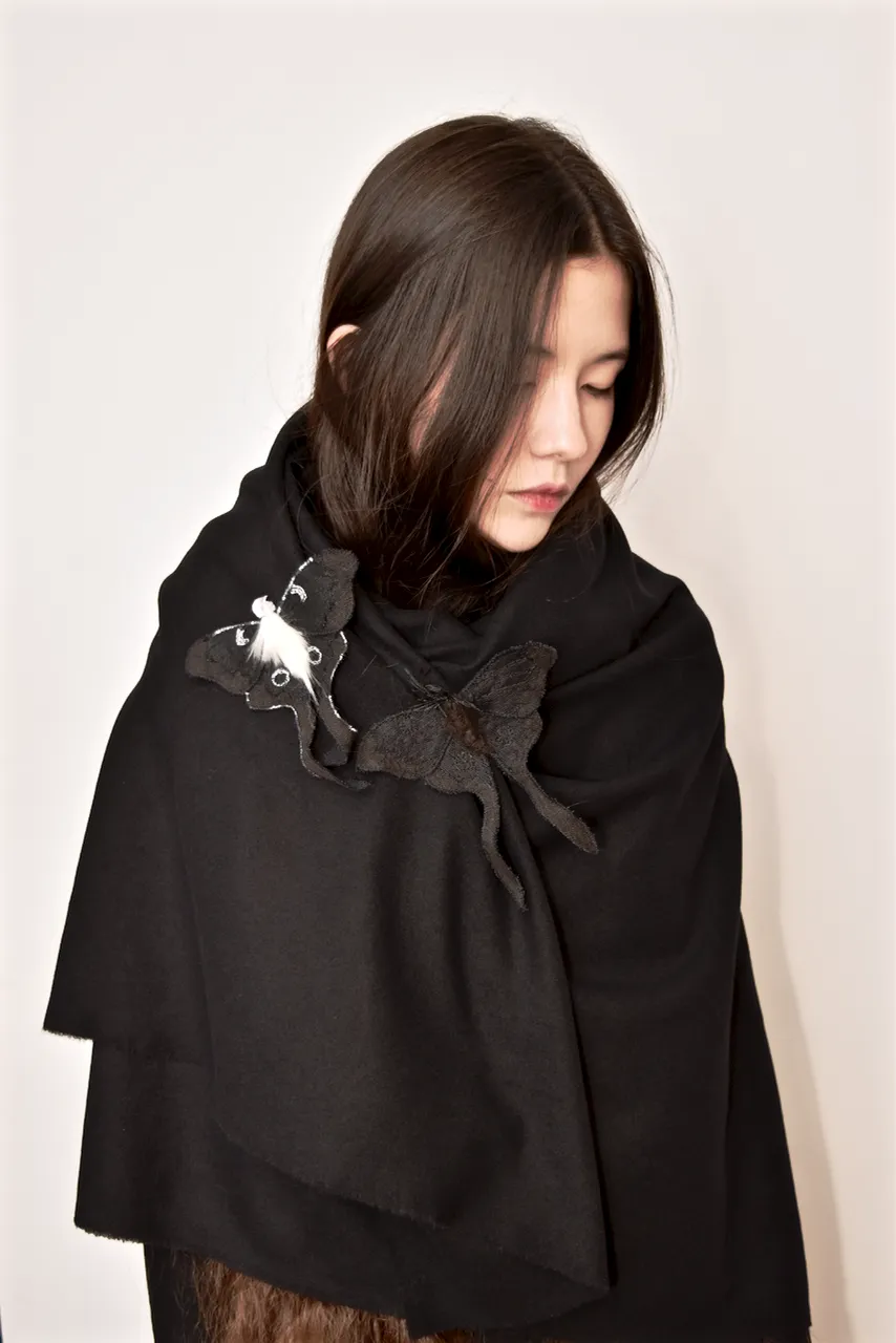 Black Luna Moth Fiber Art Brooch Collaboration with Nuit Clothing Atelier