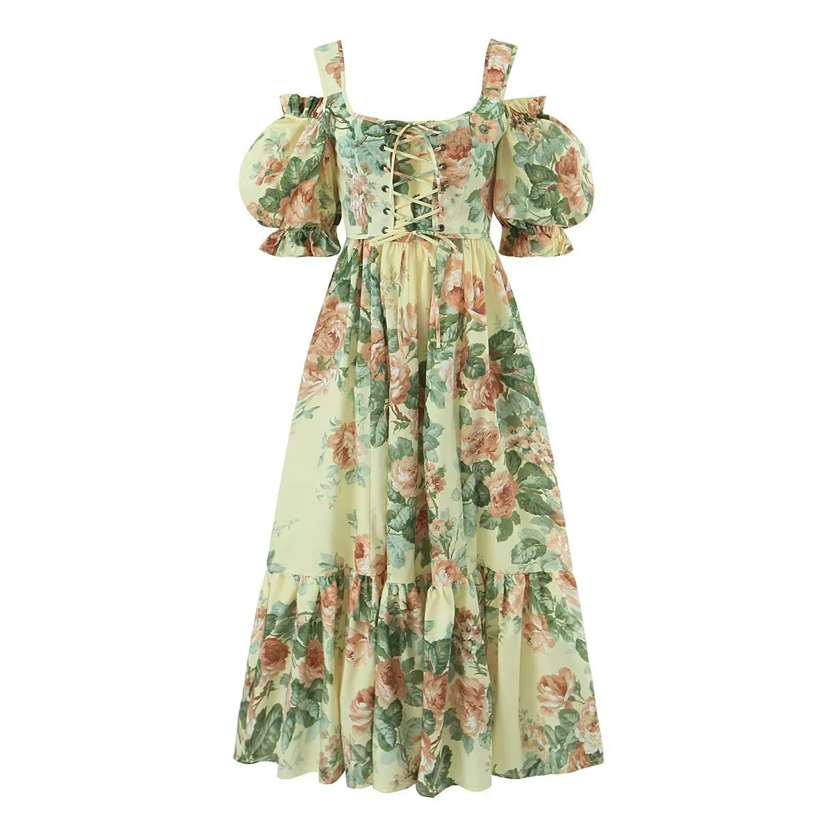 Bohemian Floral Midi Dress Set with Puff Sleeves - Perfect for Summer Vacations!