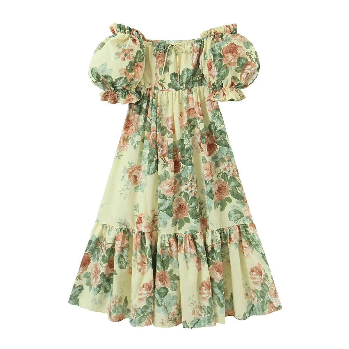Bohemian Floral Midi Dress Set with Puff Sleeves - Perfect for Summer Vacations!