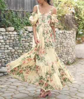 Bohemian Floral Midi Dress Set with Puff Sleeves - Perfect for Summer Vacations!