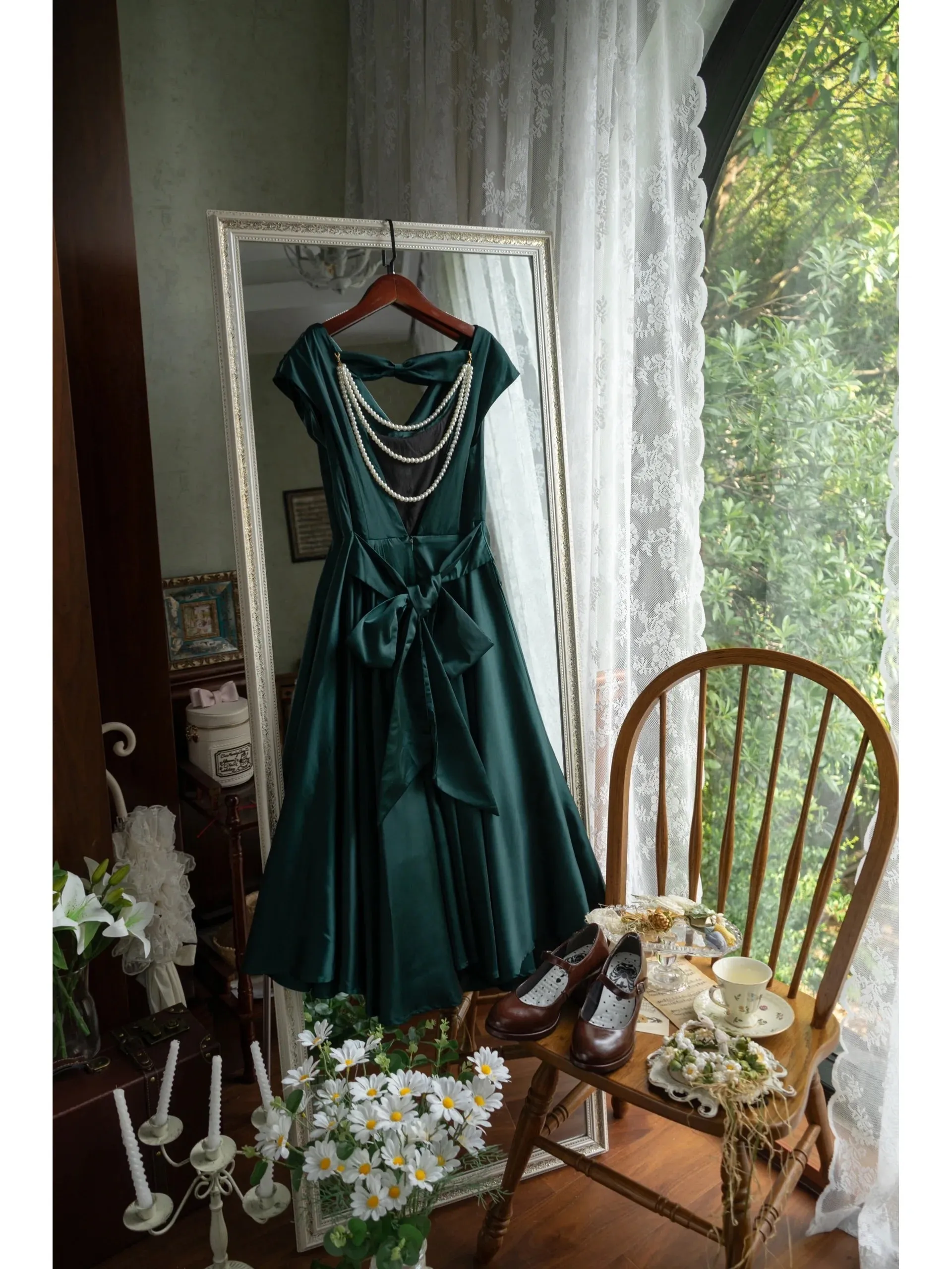 Cowl Neck 50s Open Back Vintage Emerald Green Dress