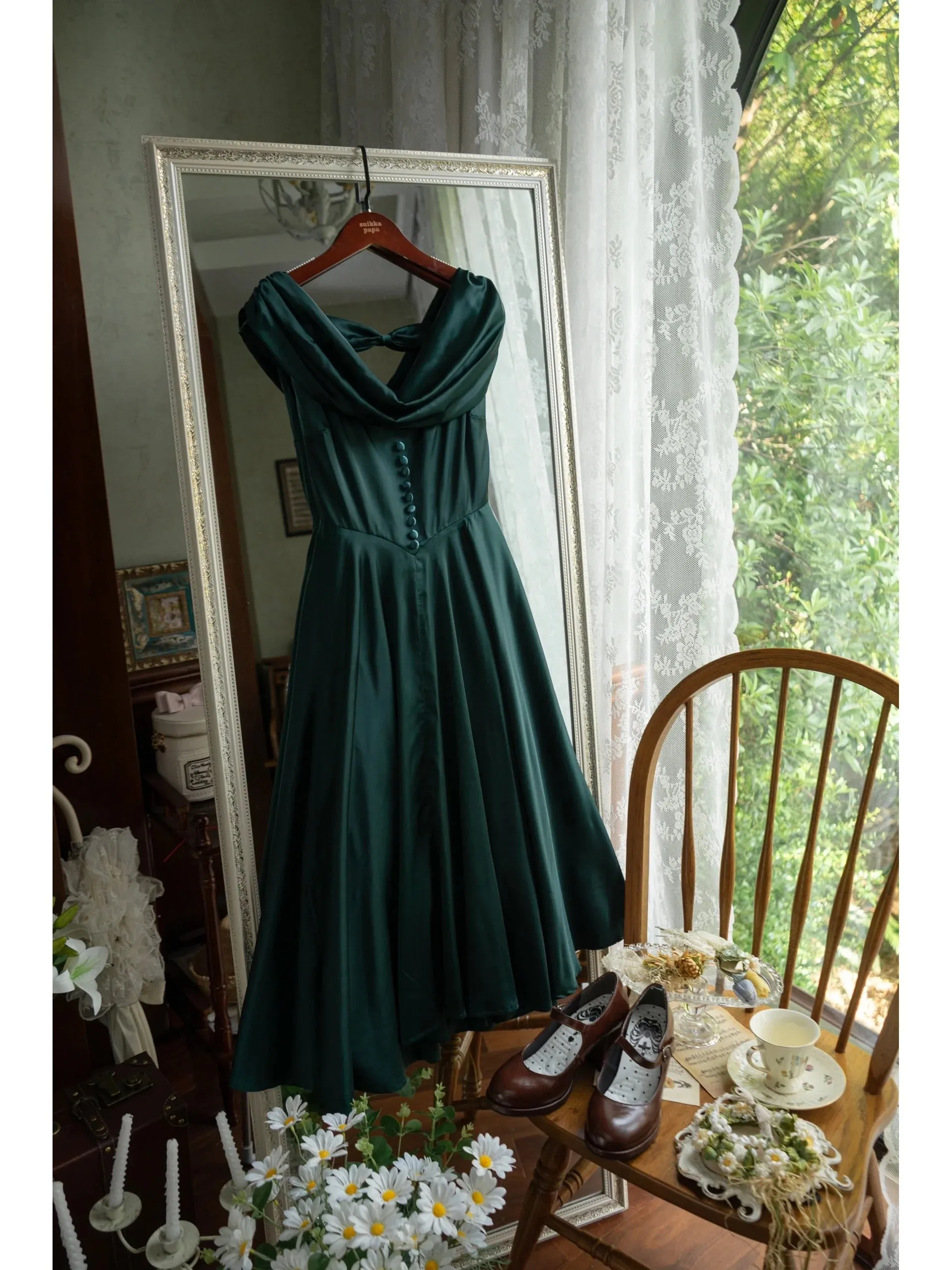 Cowl Neck 50s Open Back Vintage Emerald Green Dress