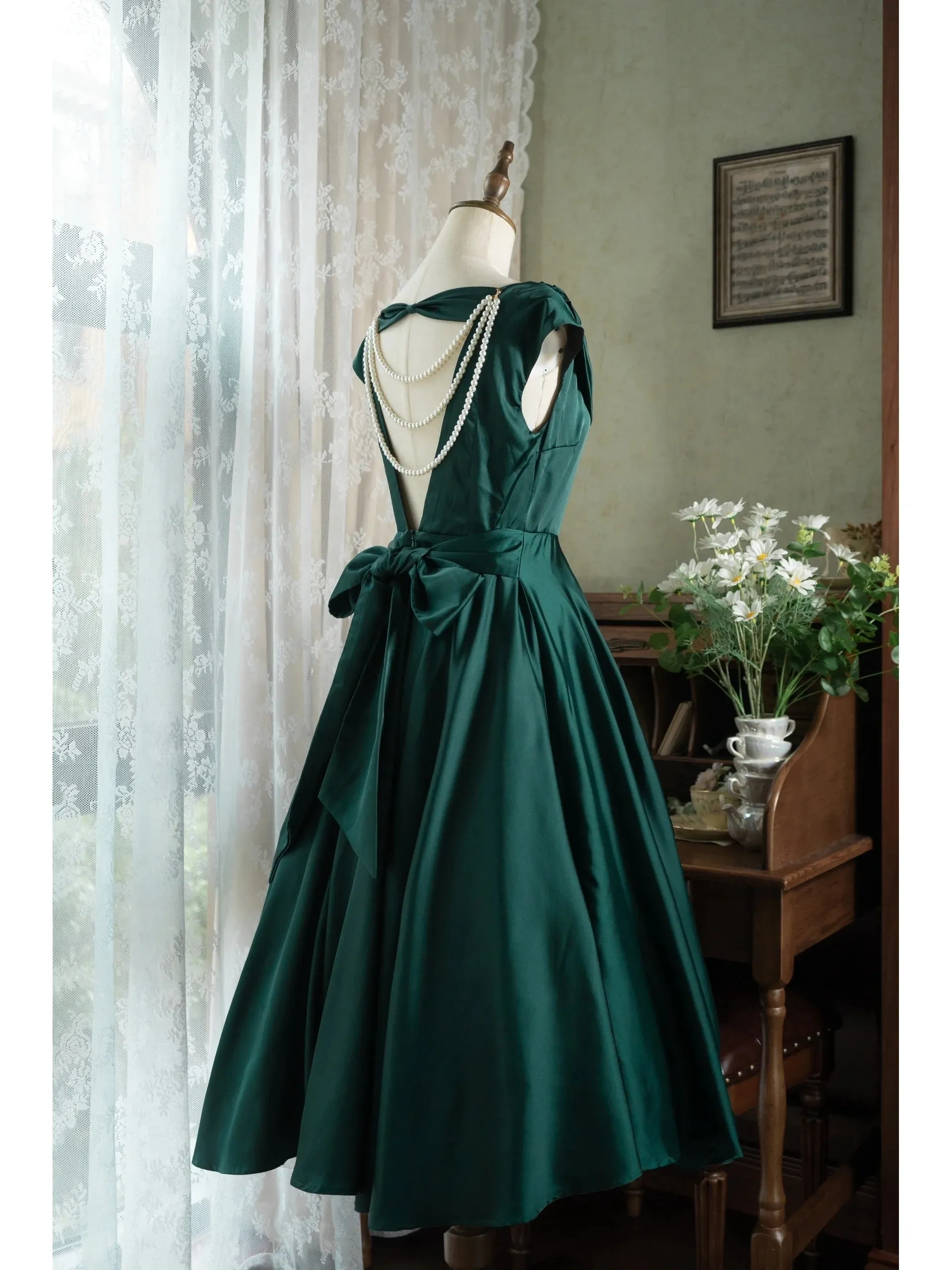 Cowl Neck 50s Open Back Vintage Emerald Green Dress