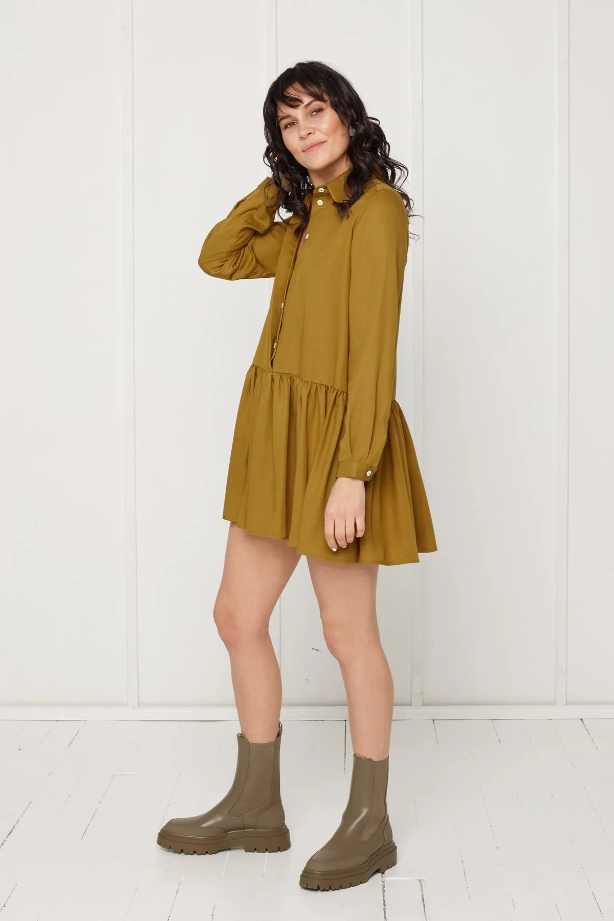 DANA tencel shirt dress with front frill in olive green