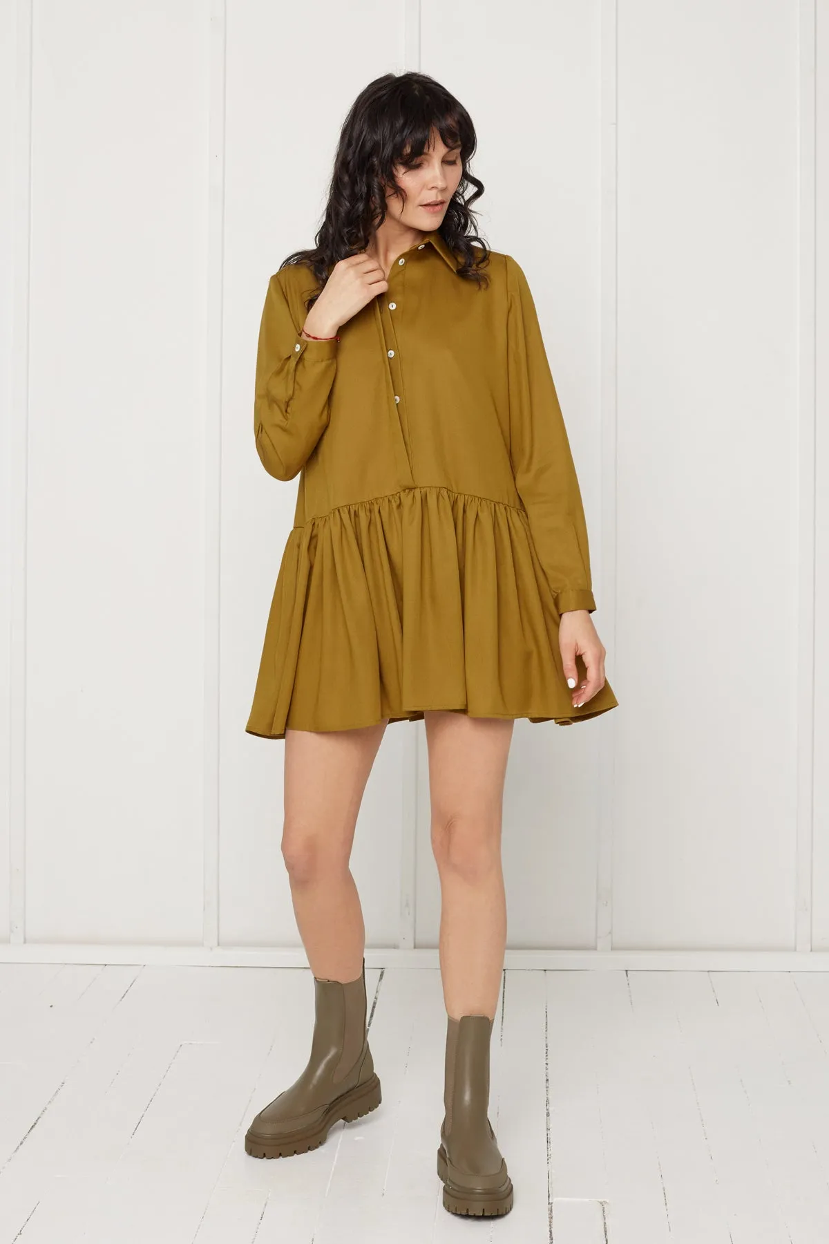 DANA tencel shirt dress with front frill in olive green