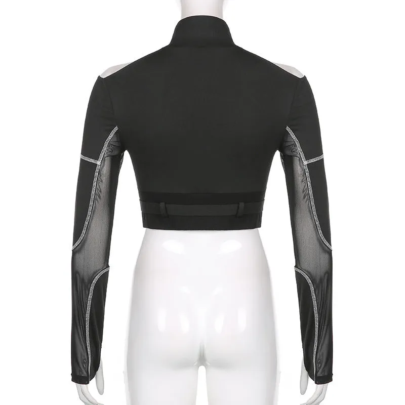 Gothic style sexy dew umblical splicing mesh shoulder cut lapel collar cargo shirt buckle bandage belt sweatshirt top
