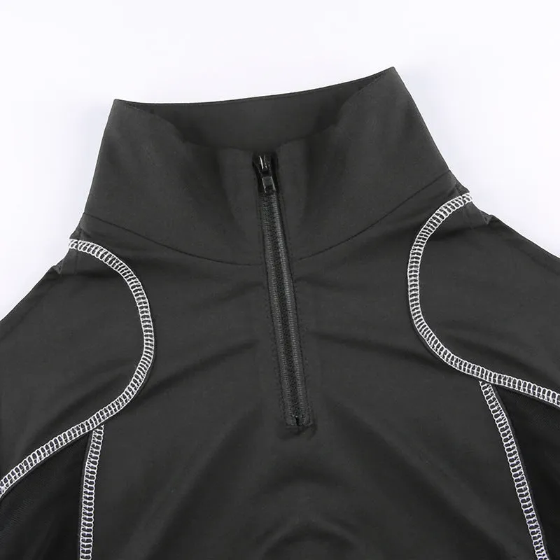 Gothic style sexy dew umblical splicing mesh shoulder cut lapel collar cargo shirt buckle bandage belt sweatshirt top