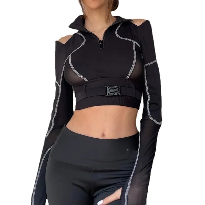 Gothic style sexy dew umblical splicing mesh shoulder cut lapel collar cargo shirt buckle bandage belt sweatshirt top