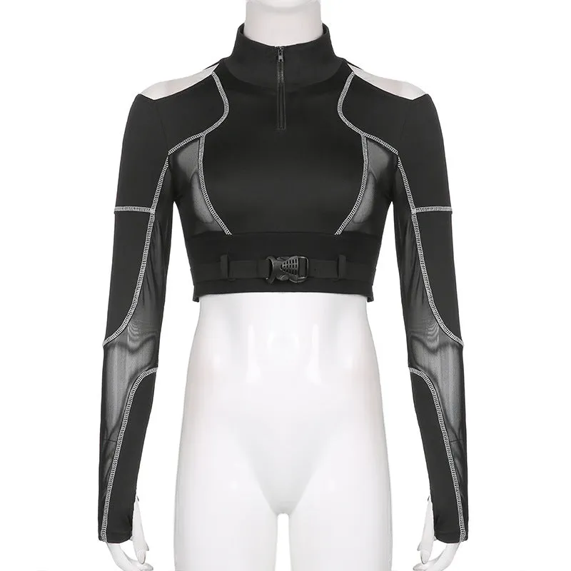 Gothic style sexy dew umblical splicing mesh shoulder cut lapel collar cargo shirt buckle bandage belt sweatshirt top