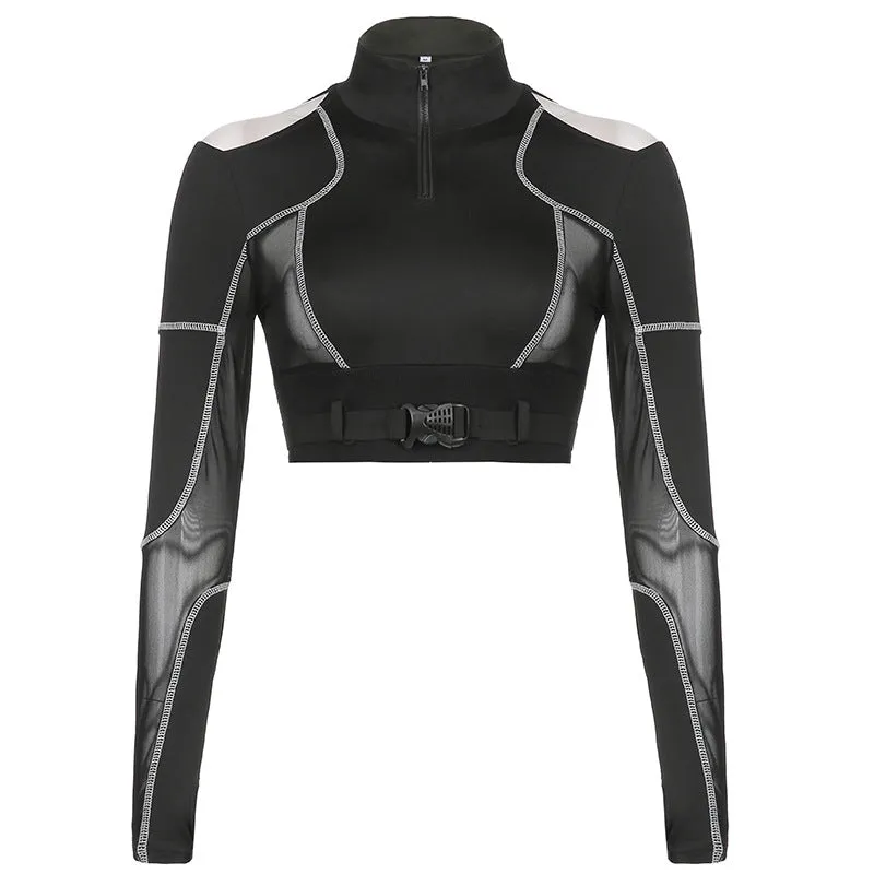 Gothic style sexy dew umblical splicing mesh shoulder cut lapel collar cargo shirt buckle bandage belt sweatshirt top