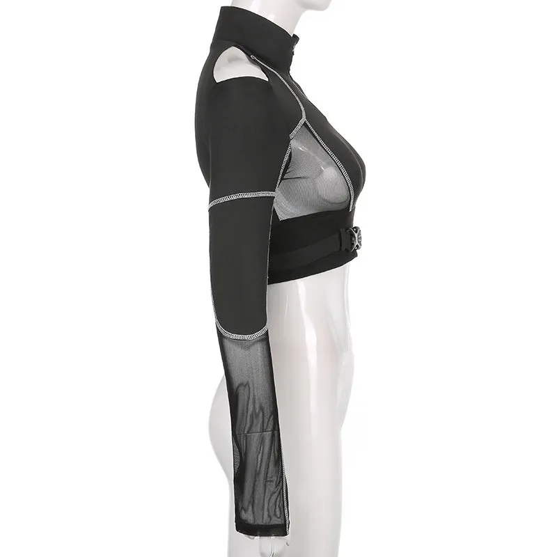 Gothic style sexy dew umblical splicing mesh shoulder cut lapel collar cargo shirt buckle bandage belt sweatshirt top