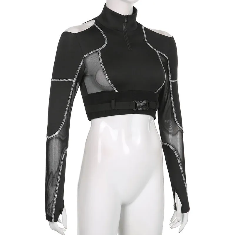 Gothic style sexy dew umblical splicing mesh shoulder cut lapel collar cargo shirt buckle bandage belt sweatshirt top