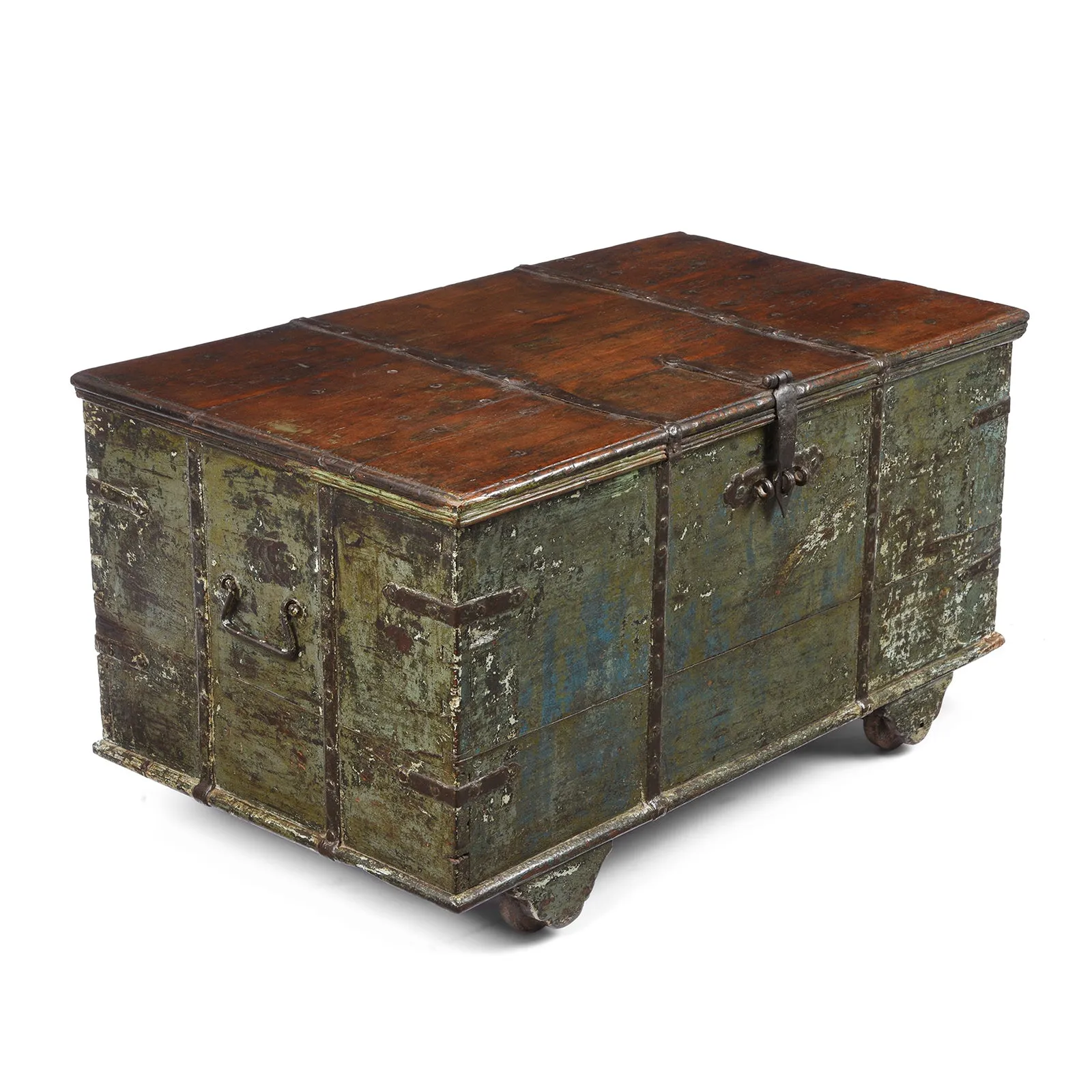 Green Painted Teak Chest From Gujarat - 19th Century
