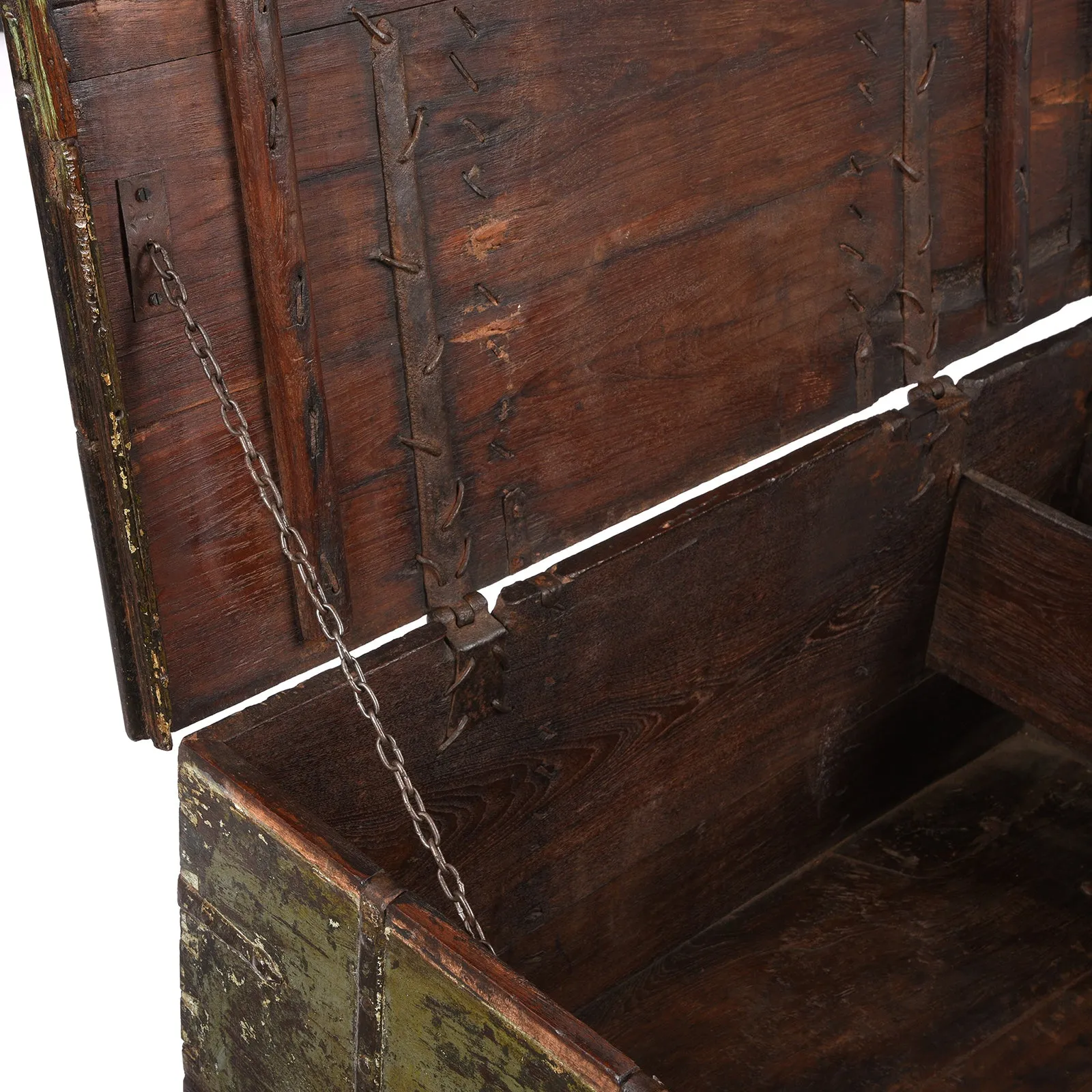 Green Painted Teak Chest From Gujarat - 19th Century