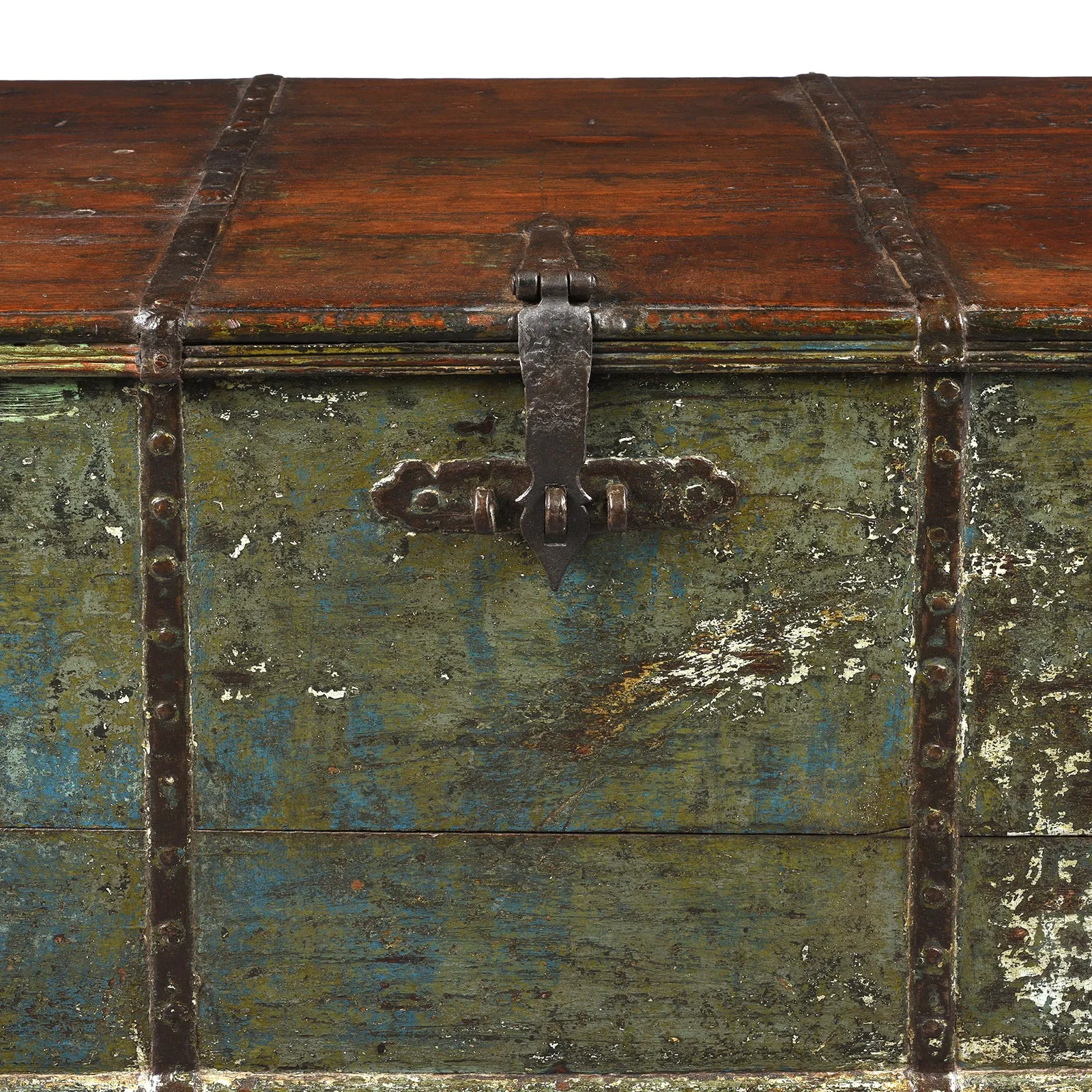 Green Painted Teak Chest From Gujarat - 19th Century