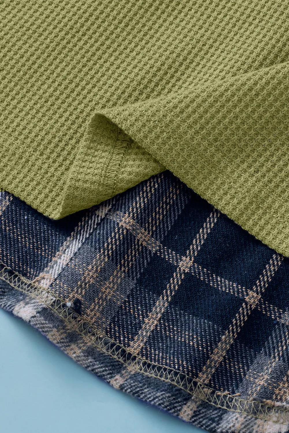 Green Waffle Knit and Flannel Henley Oversized Hoodie