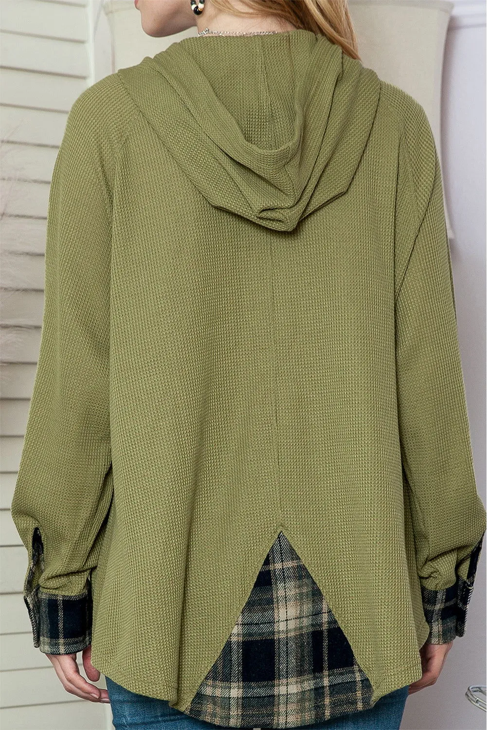 Green Waffle Knit and Flannel Henley Oversized Hoodie