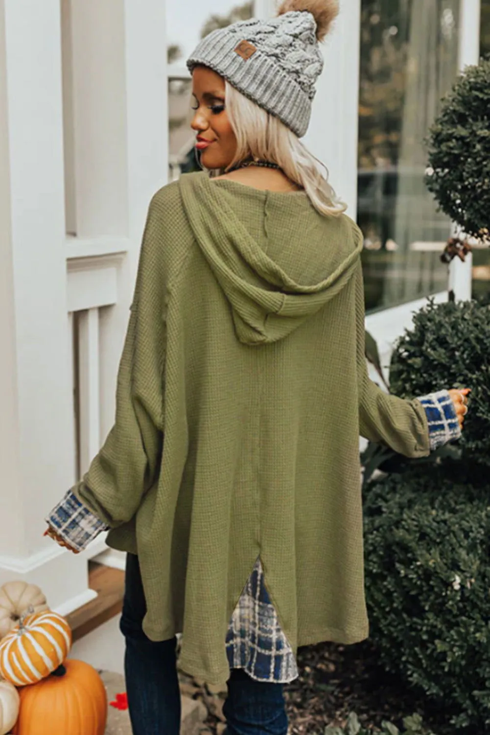 Green Waffle Knit and Flannel Henley Oversized Hoodie