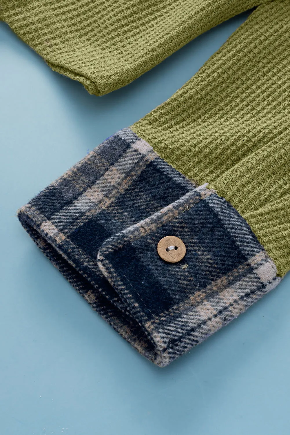 Green Waffle Knit and Flannel Henley Oversized Hoodie