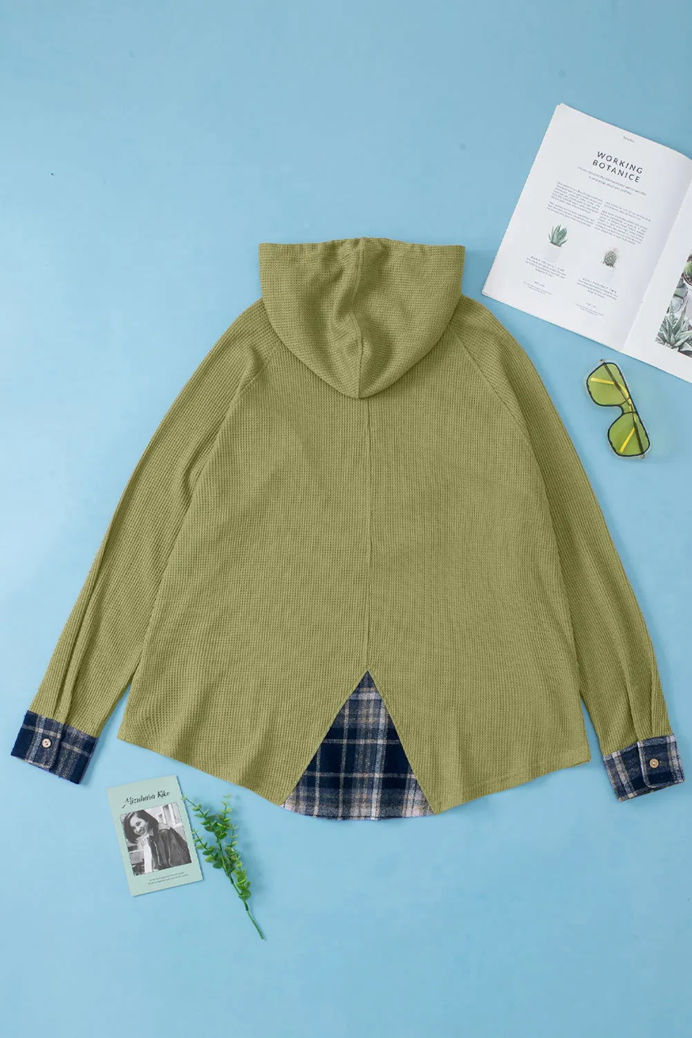 Green Waffle Knit and Flannel Henley Oversized Hoodie
