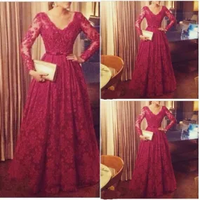 Long Sleeve Lace V Neck Red Classic Prom Dress