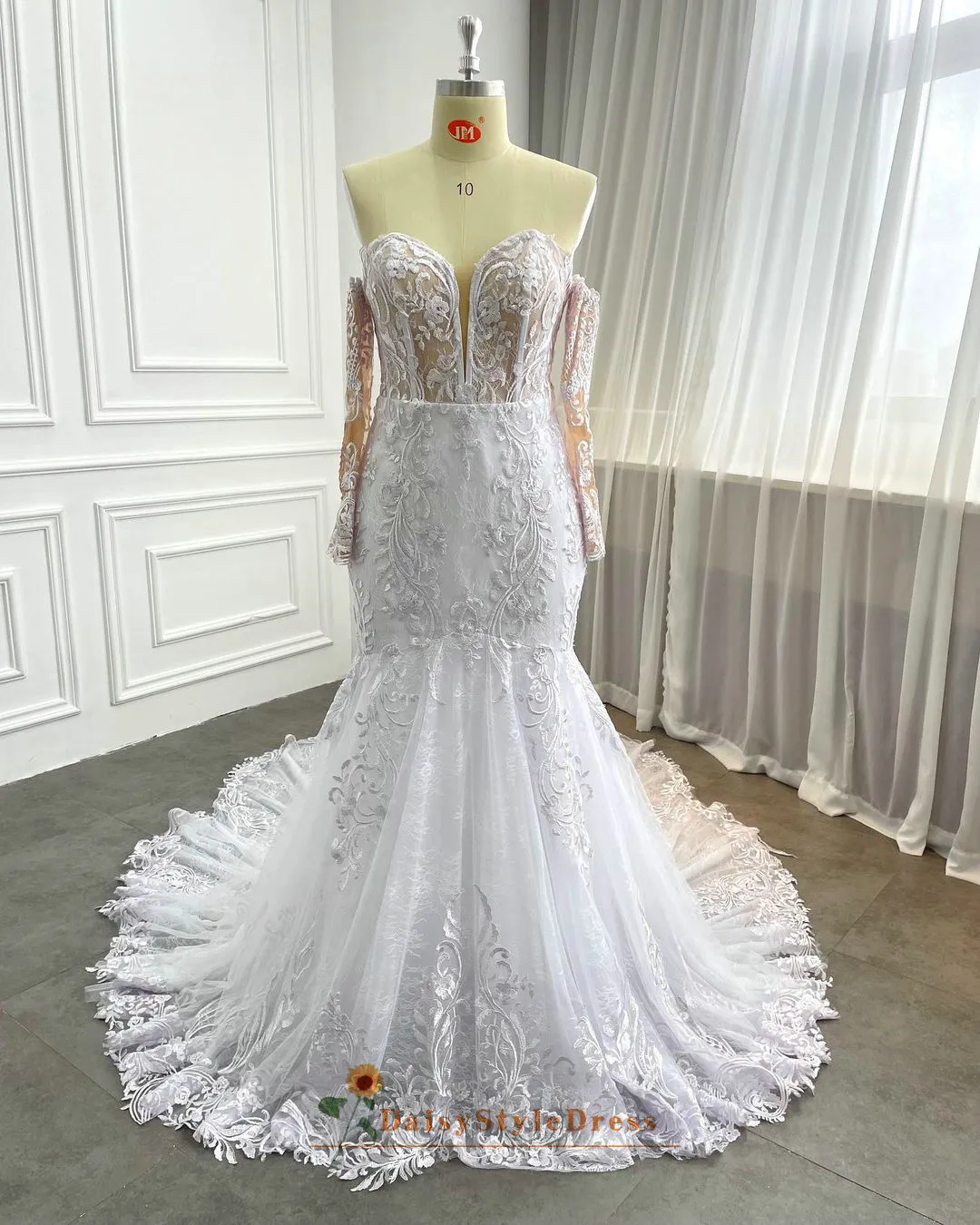 Off Shoulder Long Sleeve Mermaid Plus Size Wedding Dress