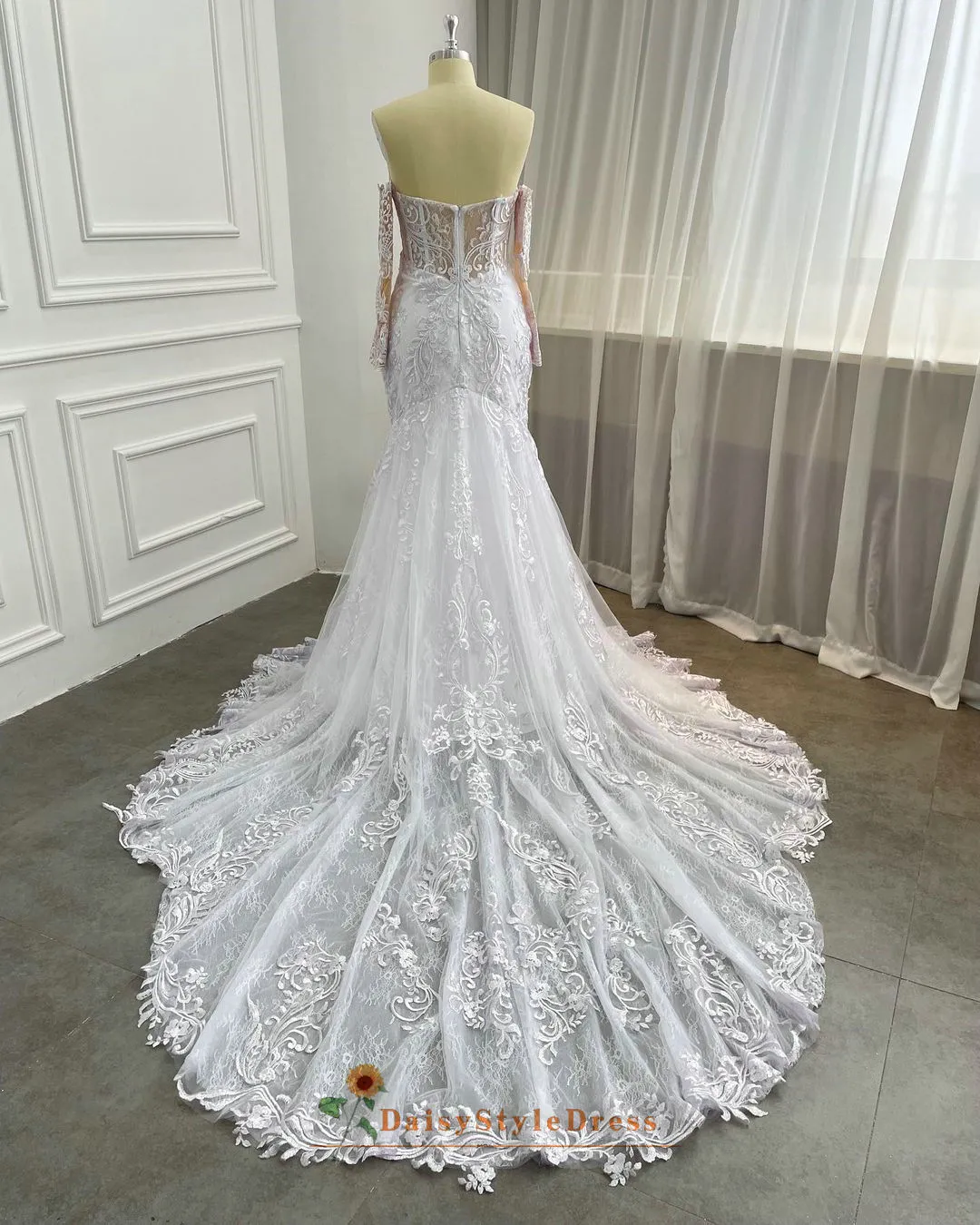 Off Shoulder Long Sleeve Mermaid Plus Size Wedding Dress