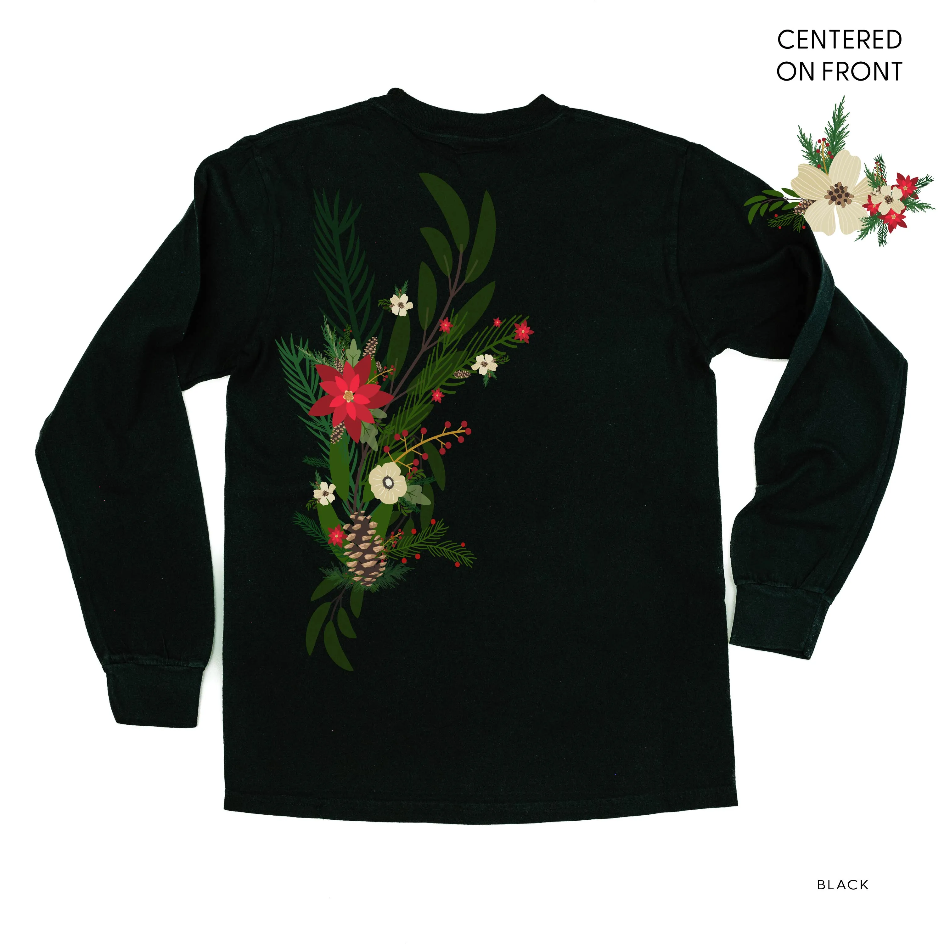 Poinsettia & Winter Flower Cascade (centered & b) - LONG SLEEVE Comfort Colors Tee