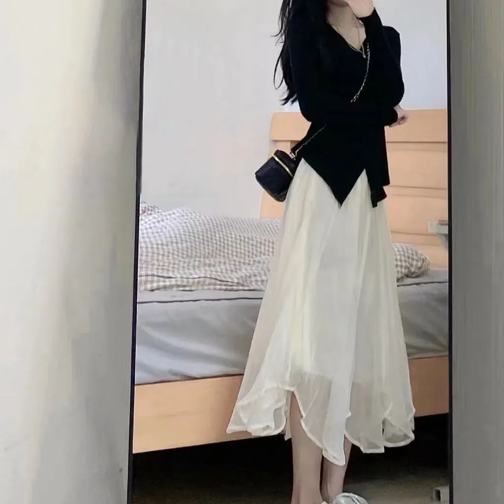 Set V-Neck Knit Top High Waist Skirt