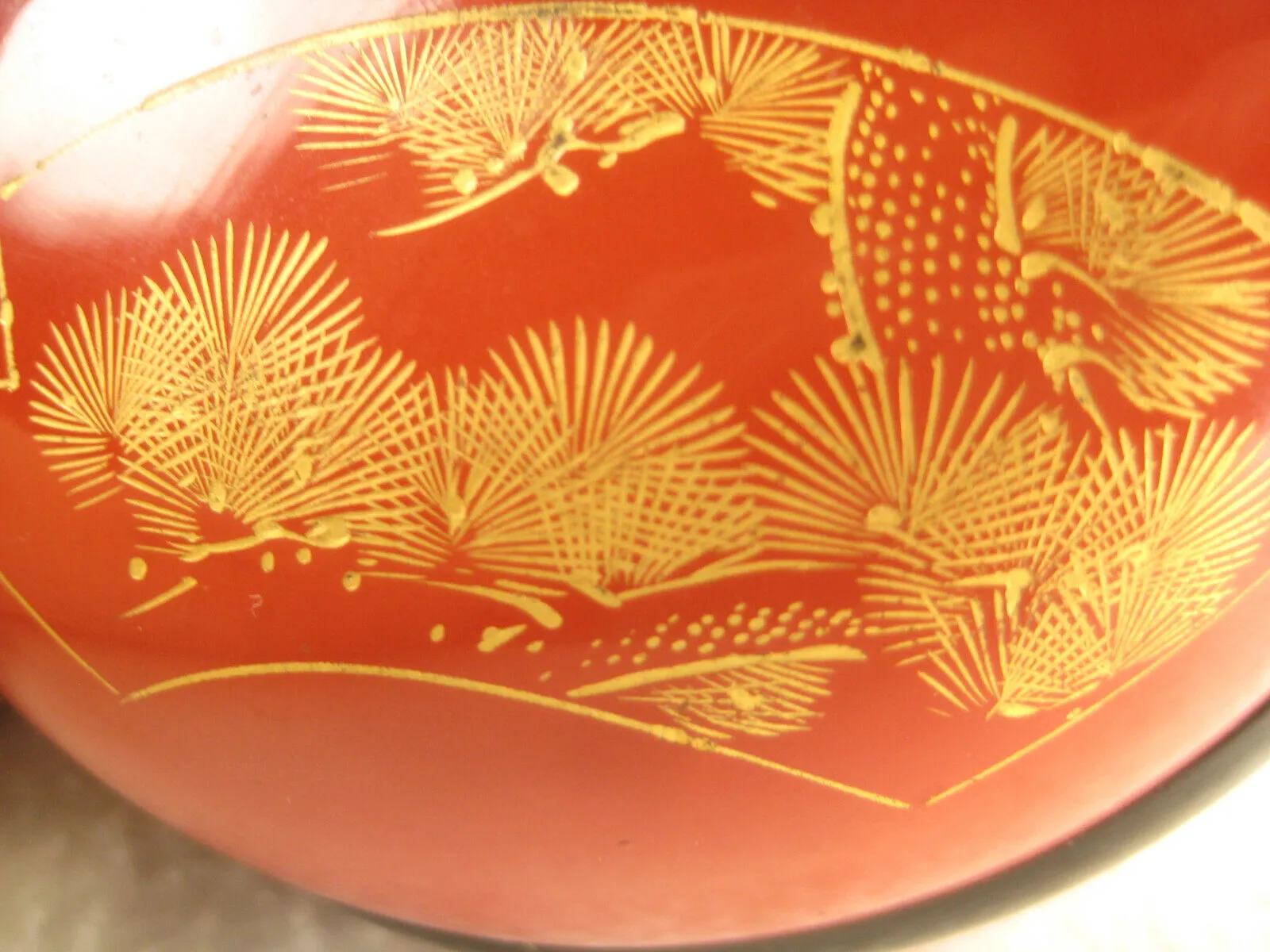 Vintage Japanese Round Red & Maki Tasseled Lacquer Lidded Box Shochikubai 4.5"