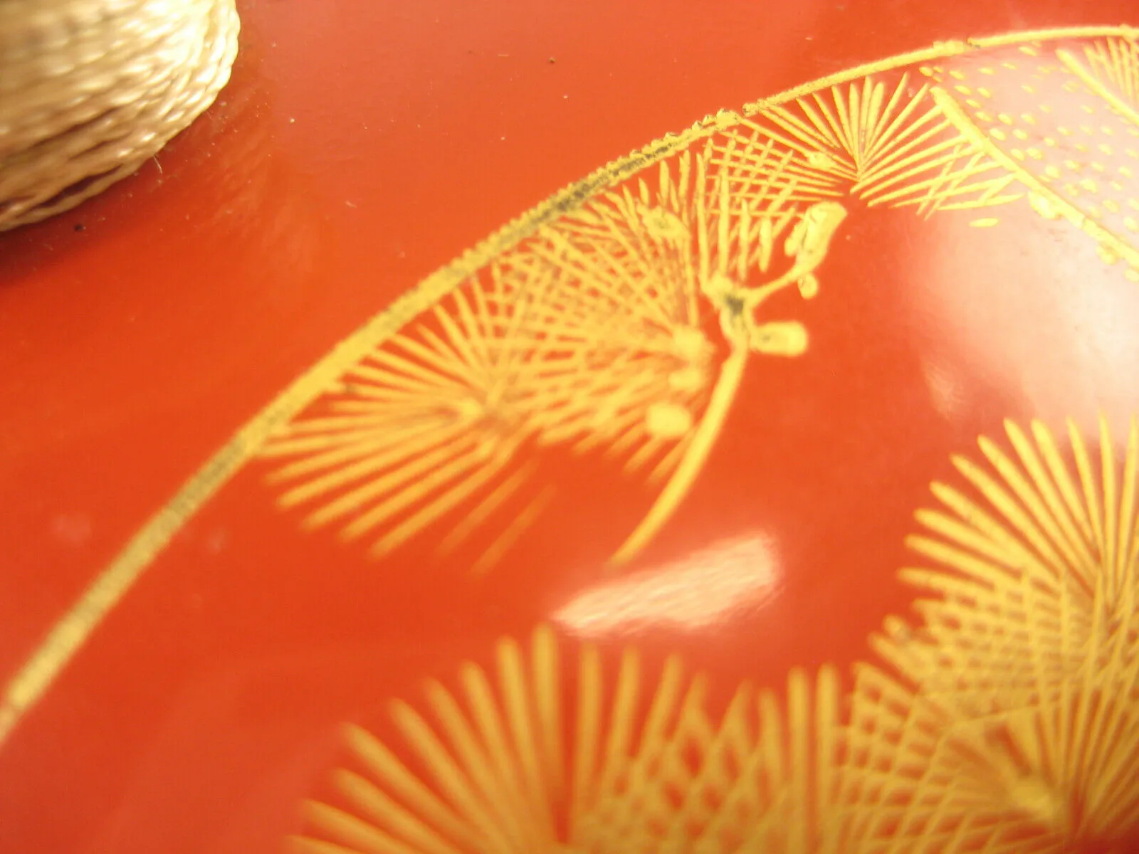 Vintage Japanese Round Red & Maki Tasseled Lacquer Lidded Box Shochikubai 4.5"