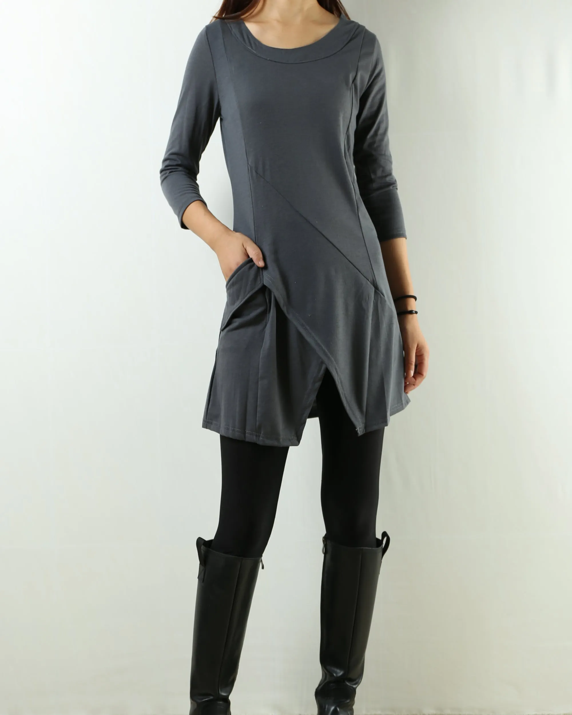 Womens 3/4 sleeve crew neck tunic top/cotton tunic dress/oversized dress/A-line casual dress (Q1943)