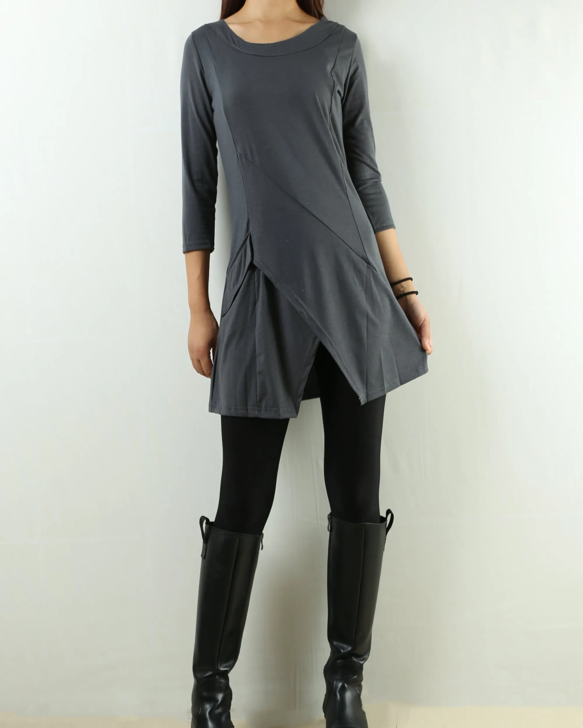 Womens 3/4 sleeve crew neck tunic top/cotton tunic dress/oversized dress/A-line casual dress (Q1943)